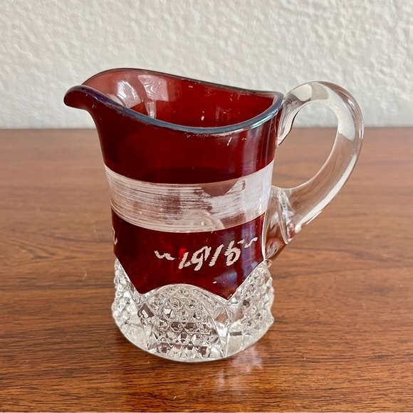 Antique Ruby Red Flash Glass Souvenir Set Of 3 Creamer & Shot Glass Early 1900s - Picture 3 of 16